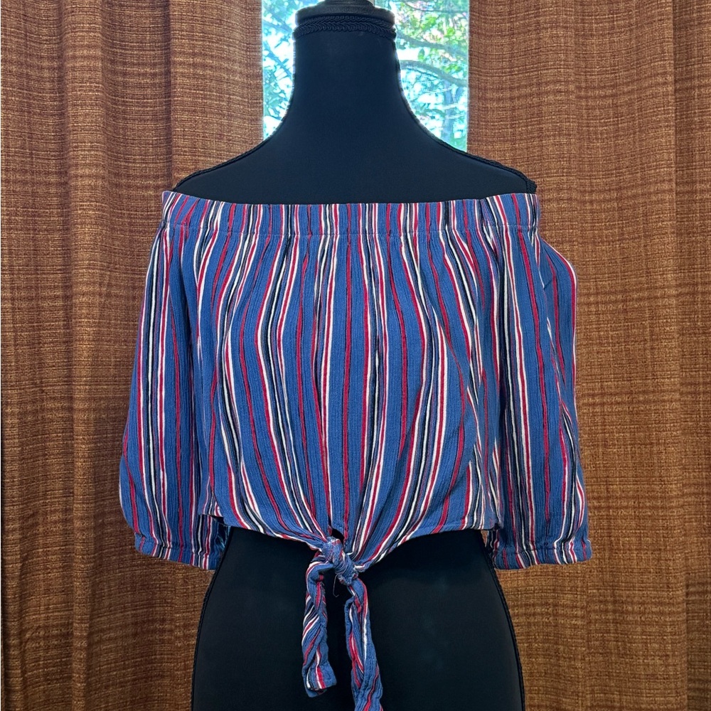 Ambiance Red, White, Blue, Black Striped Off-Shoulder Blouse